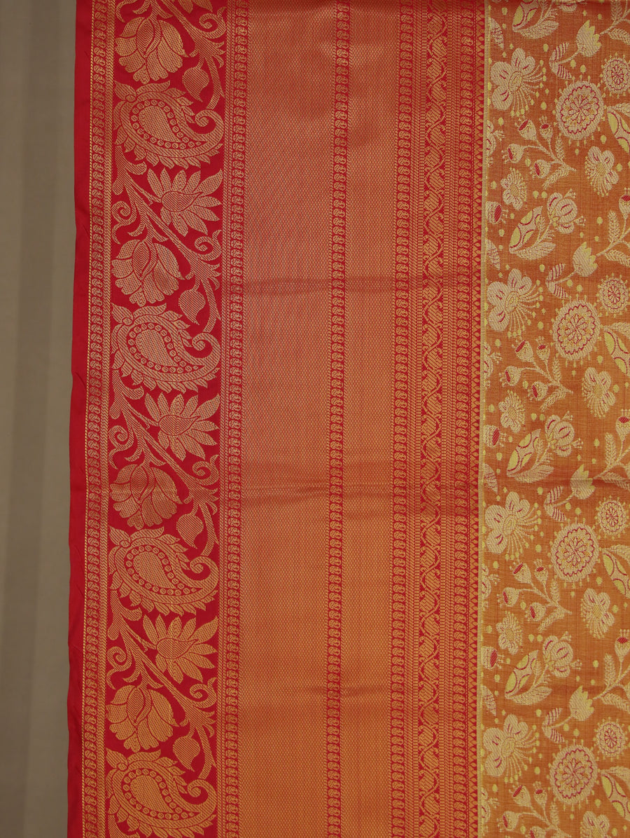 Burnt Orange Kanchipuram Inspired Semi Silk Saree with Wide Wide Contrast Border