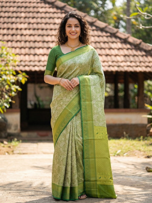 Olive Green Uppada Inspired Semi Silk Saree with Medium Medium Contrast Border