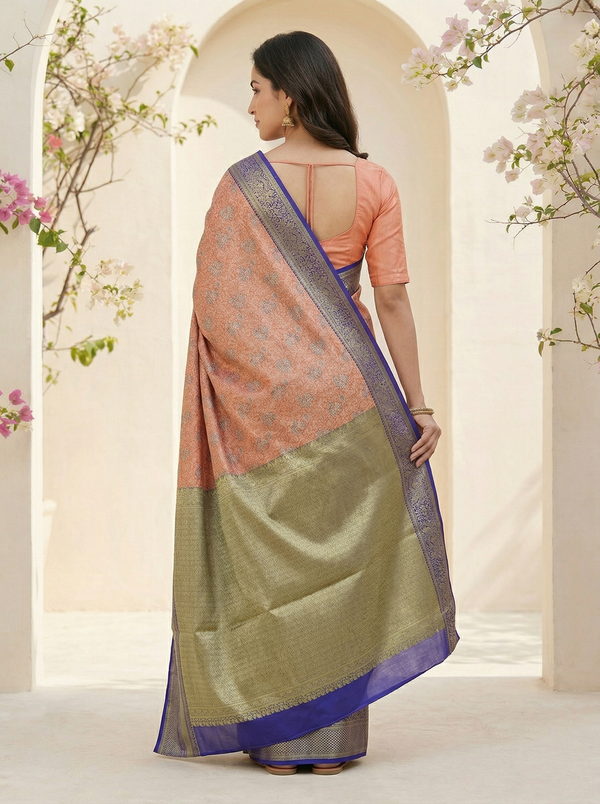 Dusty Coral Dharmavaram Inspired Semi Silk Saree with Medium Medium Contrast Border