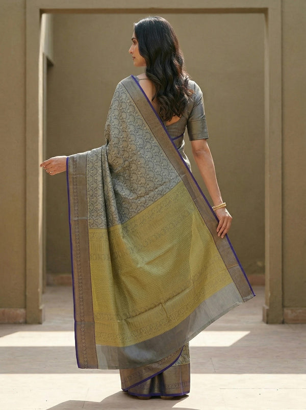 Antique Gold Dharmavaram Inspired Semi Silk Saree with Wide Wide Contrast Border