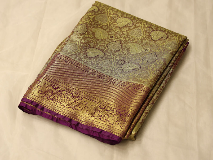Antique Gold Kanchipuram Inspired Semi Silk Saree with Medium Medium Contrast Border