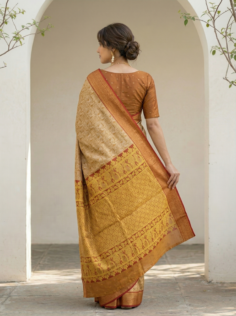 Champagne Gold Kanchipuram Inspired Semi Silk Saree with Medium Medium Contrast Border