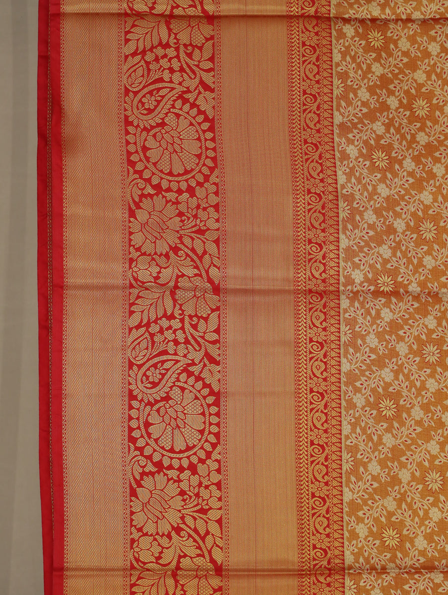 Burnt Orange Kanchipuram Inspired Semi Silk Saree with Medium Medium Contrast Border