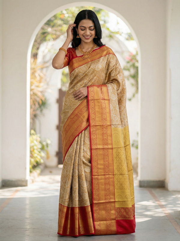 Champagne Gold Kanchipuram Inspired Semi Silk Saree with Wide Wide Contrast Border