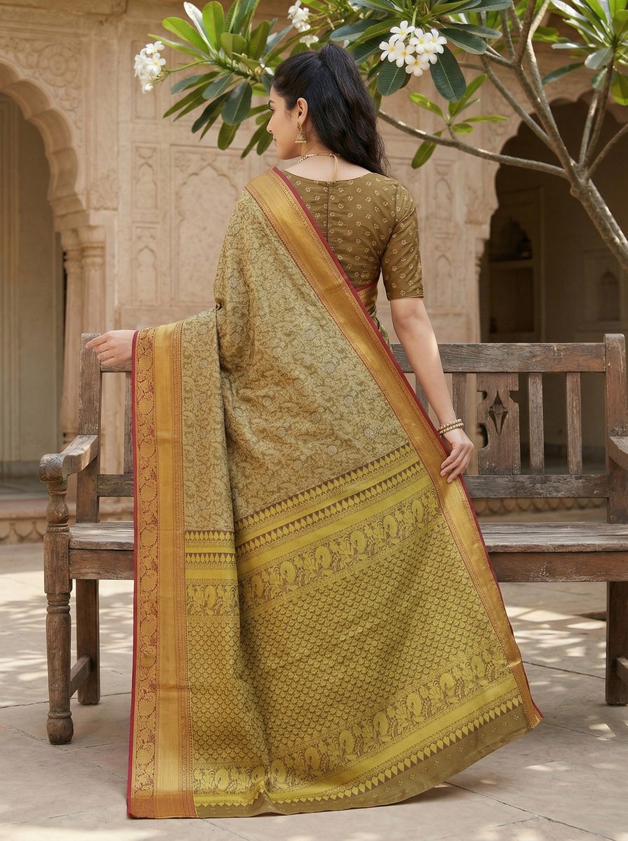 Olive Green Kanchipuram Inspired Semi Silk Saree with Wide Wide Contrast Border