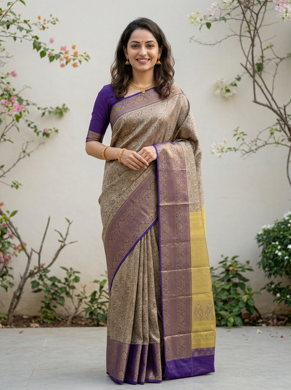 Champagne Gold Kanchipuram Inspired Semi Silk Saree with Wide Wide Contrast Border