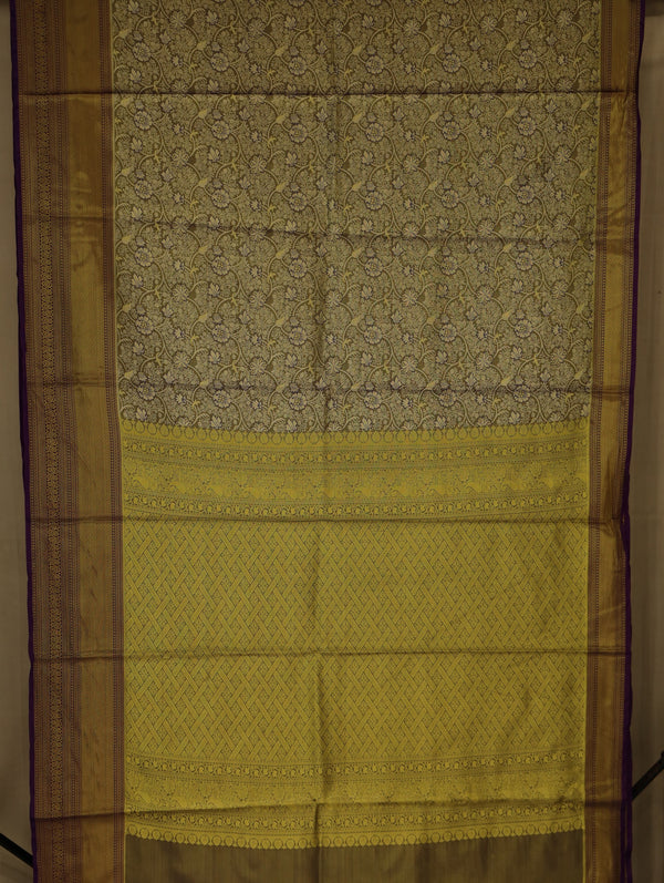 Muted Olive Green Kanchipuram Inspired Semi Silk Saree with Medium Medium Contrast Border