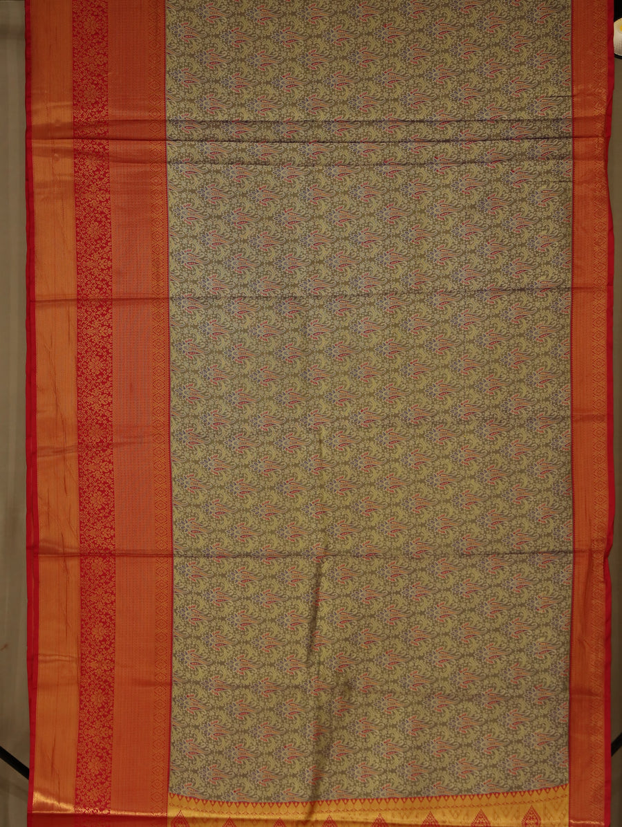 Olive Green Dharmavaram Inspired Semi Silk Saree with Wide Wide Contrast Border