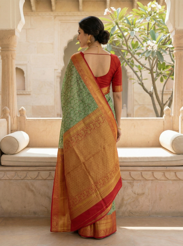 Sage Green Kanchipuram Inspired Semi Silk Saree with Medium Medium Contrast Border