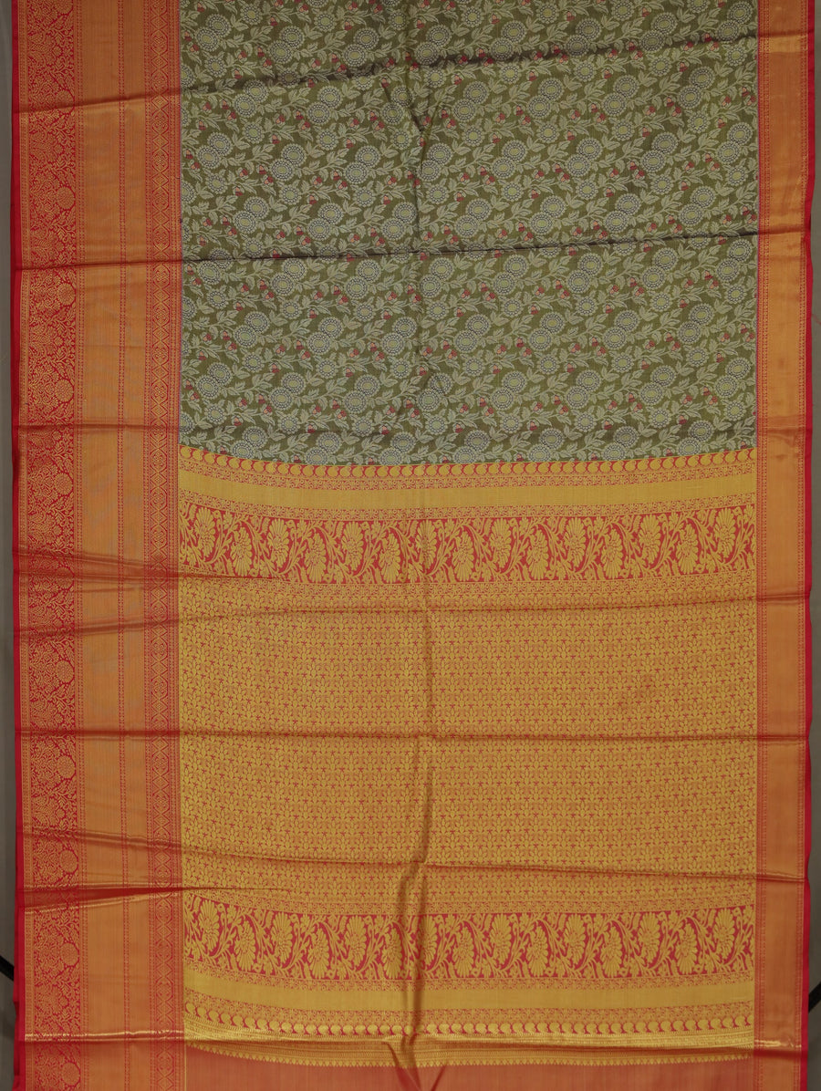 Sage Green Kanchipuram Inspired Semi Silk Saree with Wide Wide Contrast Border