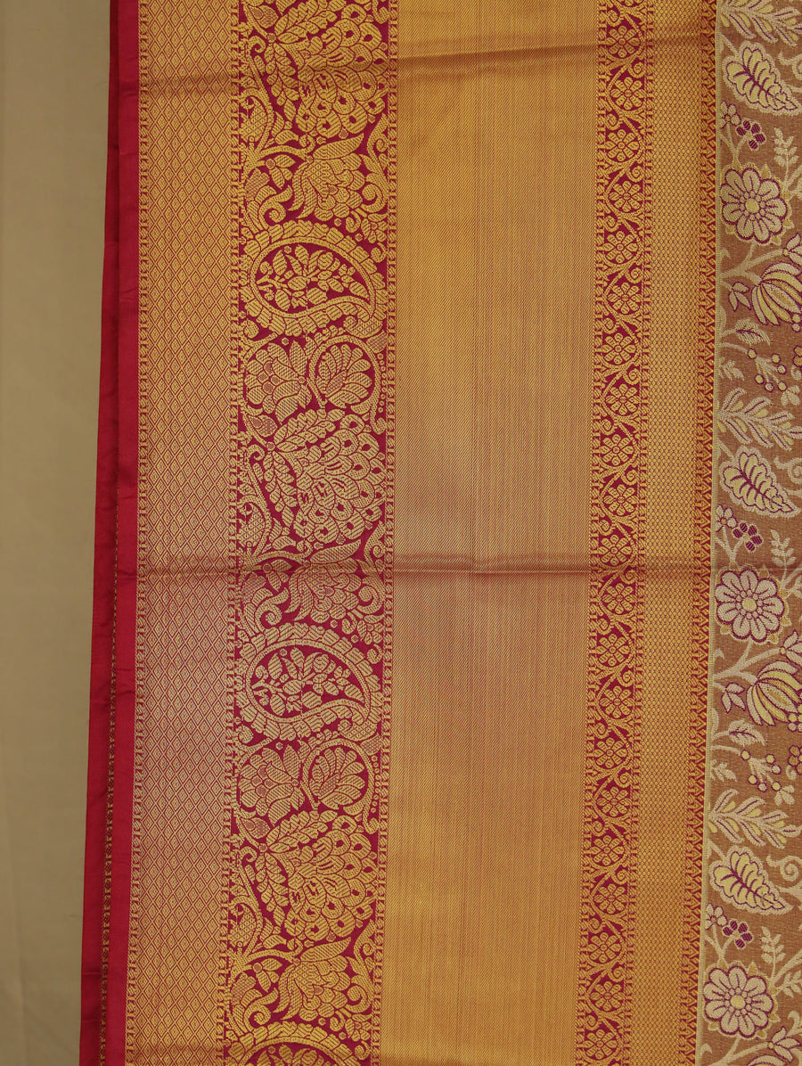 Champagne Gold Kanchipuram Inspired Semi Silk Saree with Wide Wide Contrast Border