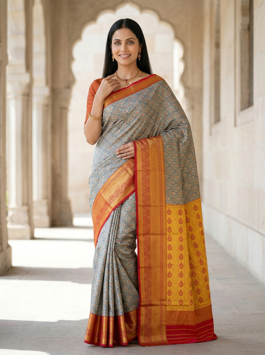 Saffron Yellow Kanchipuram Inspired Semi Silk Saree with Medium Medium Contrast Border