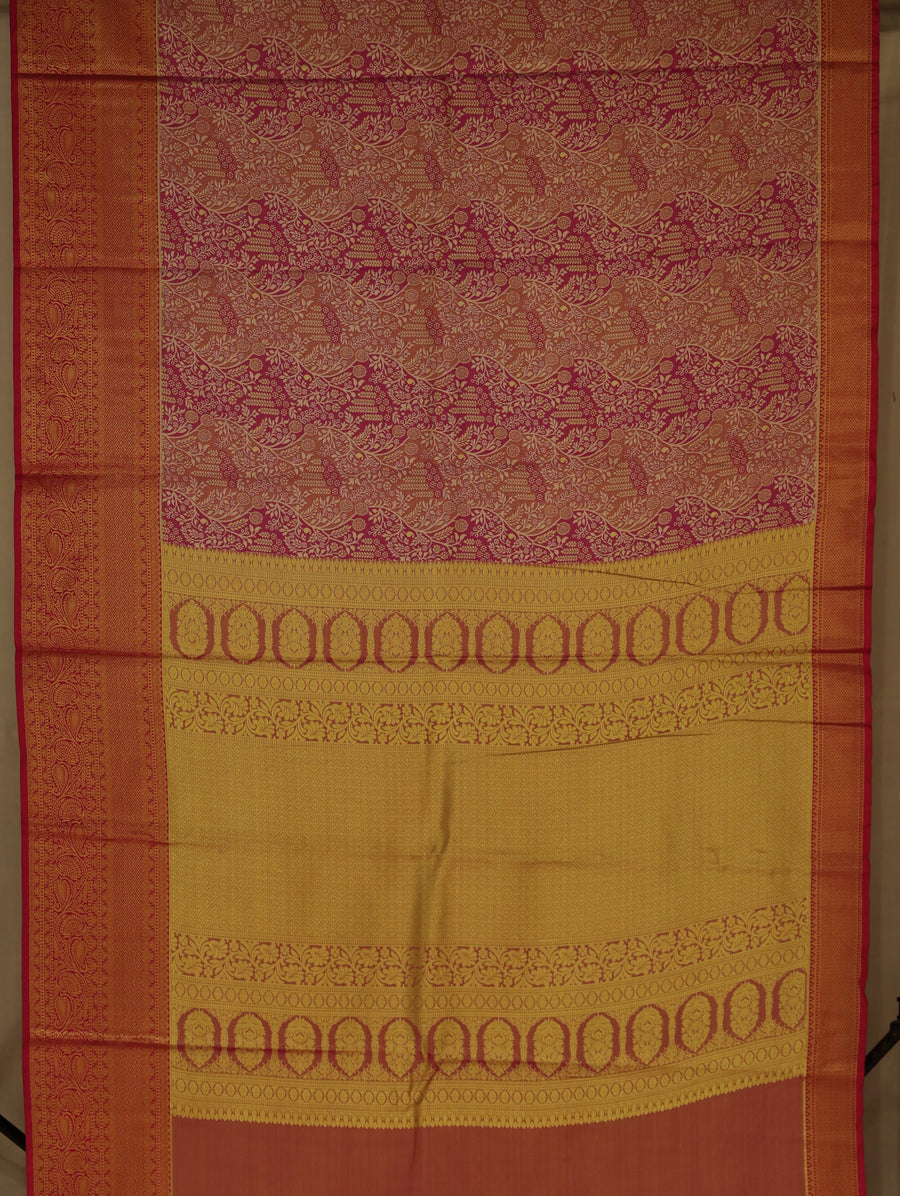 Rosewood Red Kanchipuram Inspired Semi Silk Saree with Wide Wide Contrast Border