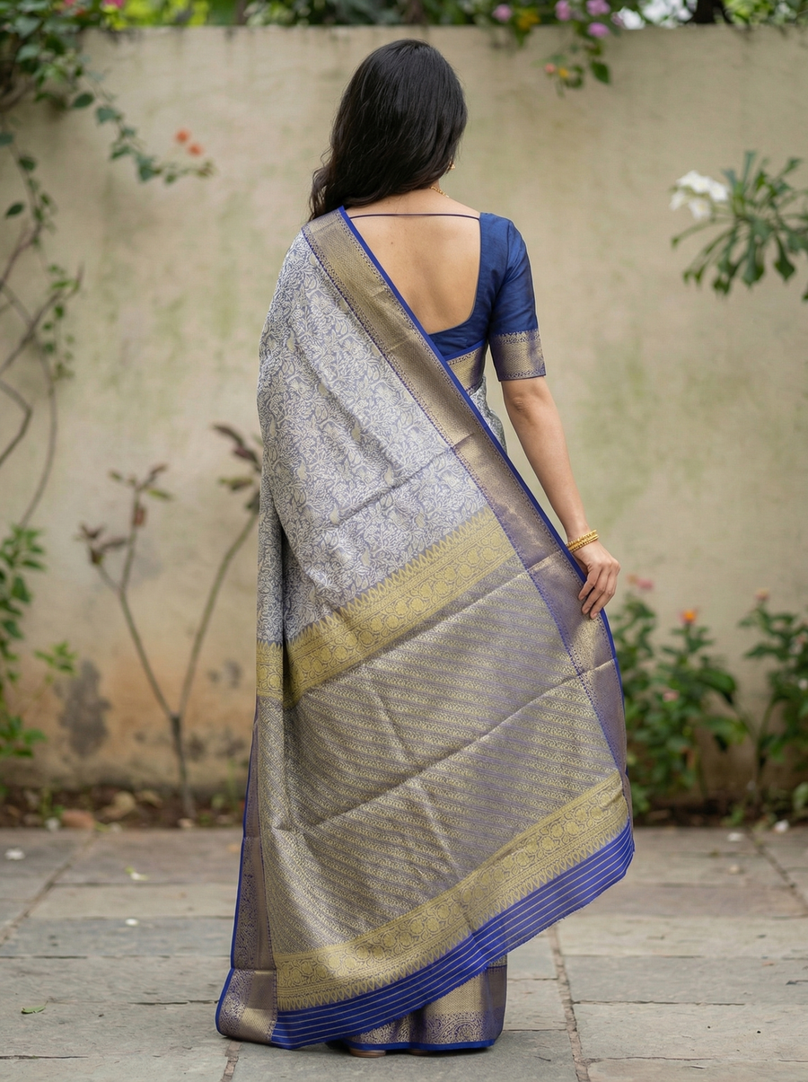 Silvery Grey Kanchipuram Inspired Semi Silk Saree with Wide Wide Contrast Border