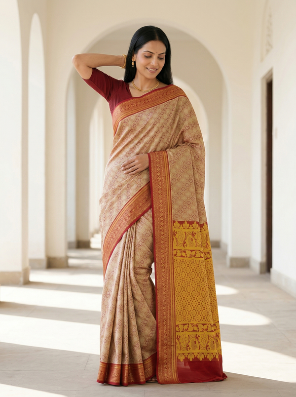 Champagne Gold Dharmavaram Inspired Semi Silk Saree with Medium Medium Contrast Border