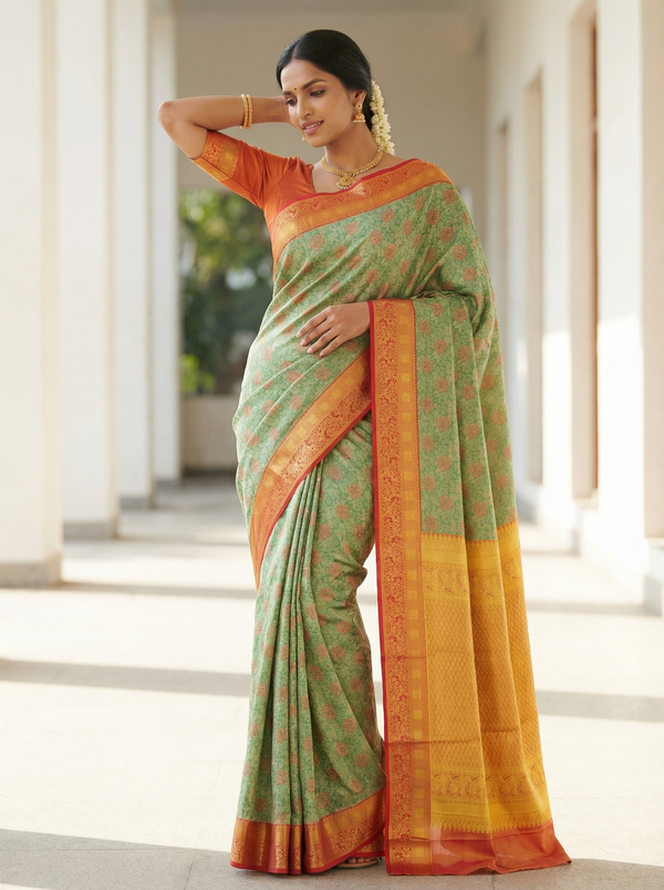 Mint Green Kanchipuram Inspired Semi Silk Saree with Wide Wide Contrast Border