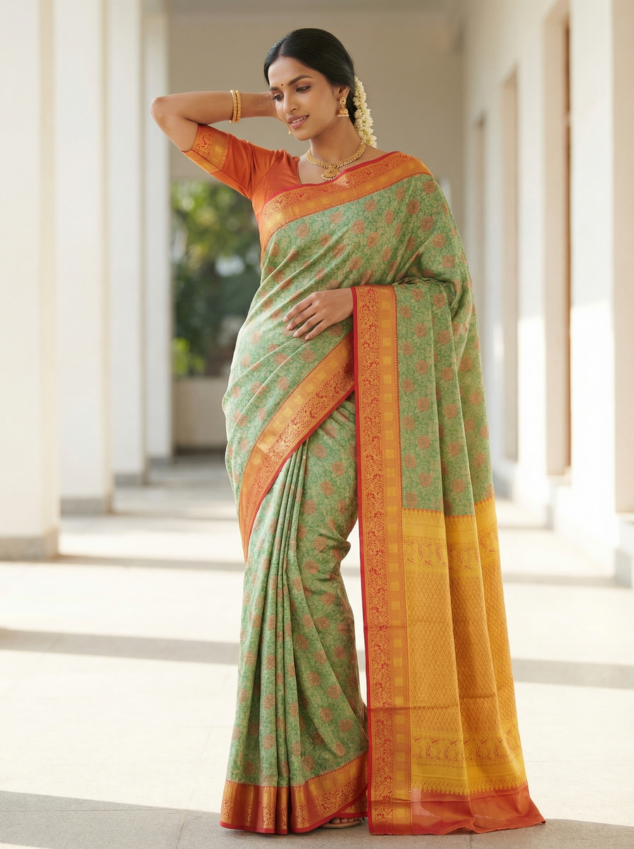 Mint Green Kanchipuram Inspired Semi Silk Saree with Wide Wide Contrast Border