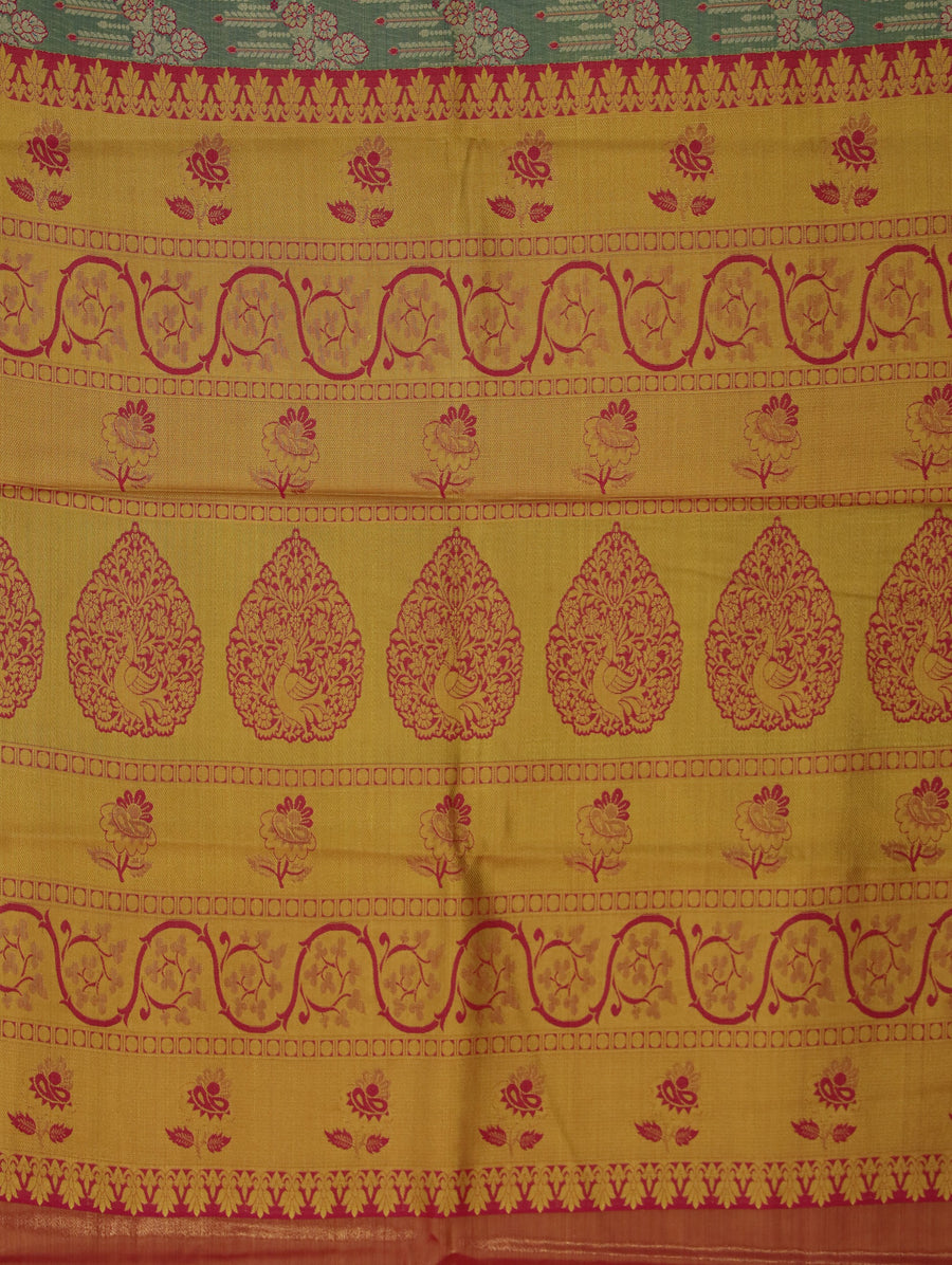 Sage Green Kanchipuram Inspired Semi Silk Saree with Wide Wide Contrast Border