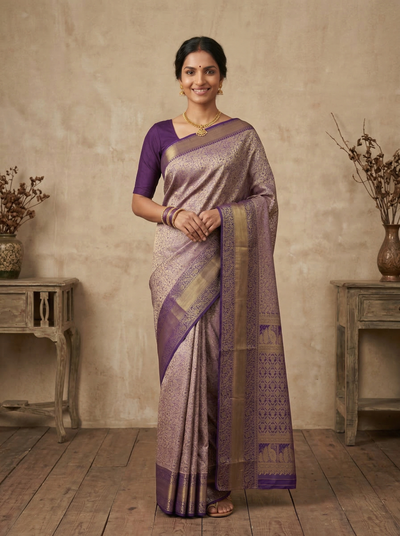 Lavender Mist Kanchipuram Inspired Semi Silk Saree with Wide Wide Contrast Border