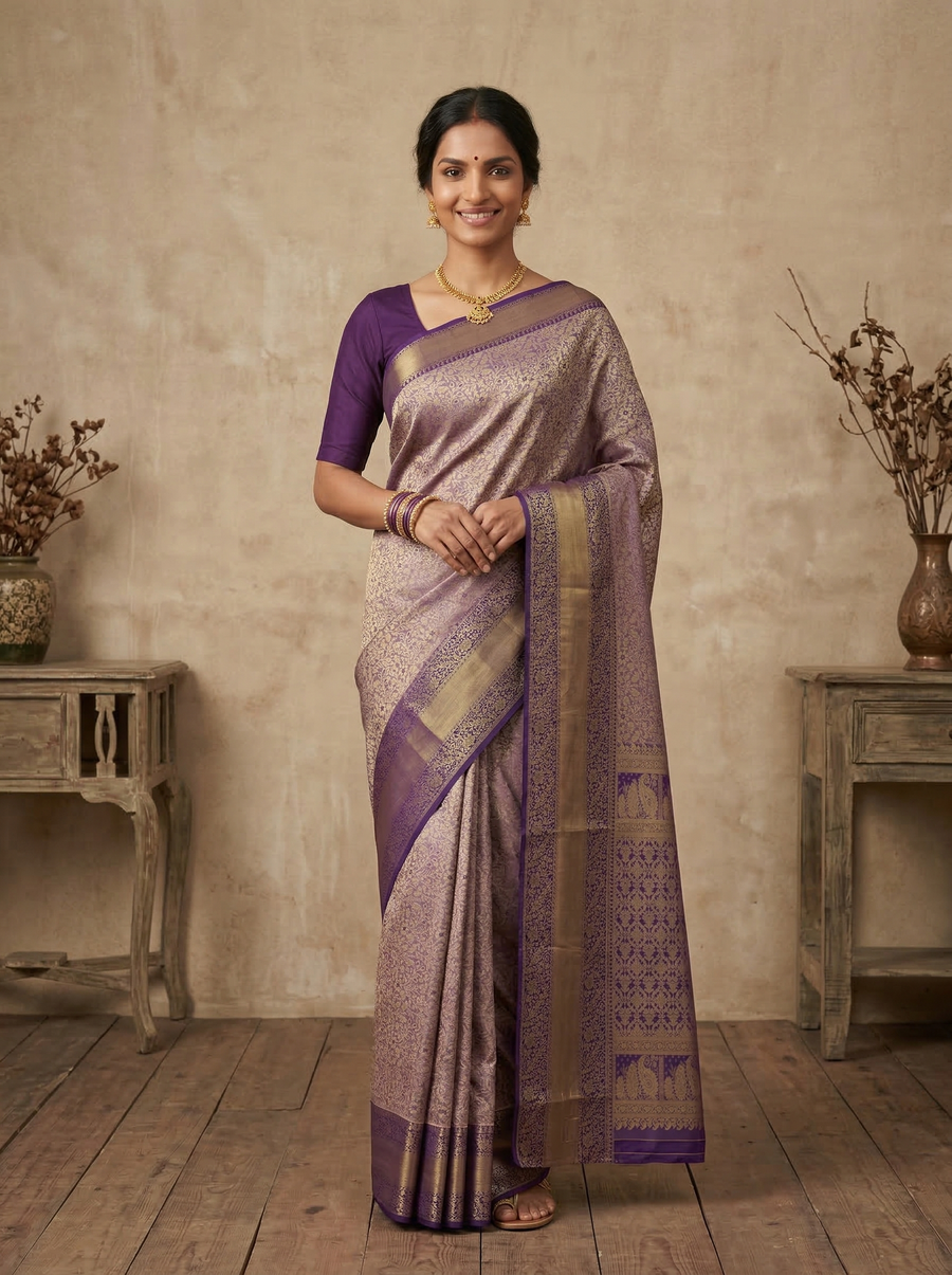 Lavender Mist Kanchipuram Inspired Semi Silk Saree with Wide Wide Contrast Border