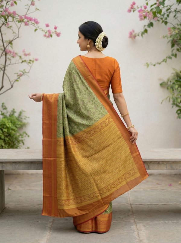 Sage Green Kanchipuram Inspired Semi Silk Saree with Wide Wide Contrast Border