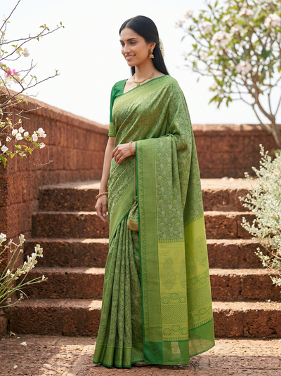 Olive Green Mysore Inspired Semi Silk Saree with Wide Wide Self Border