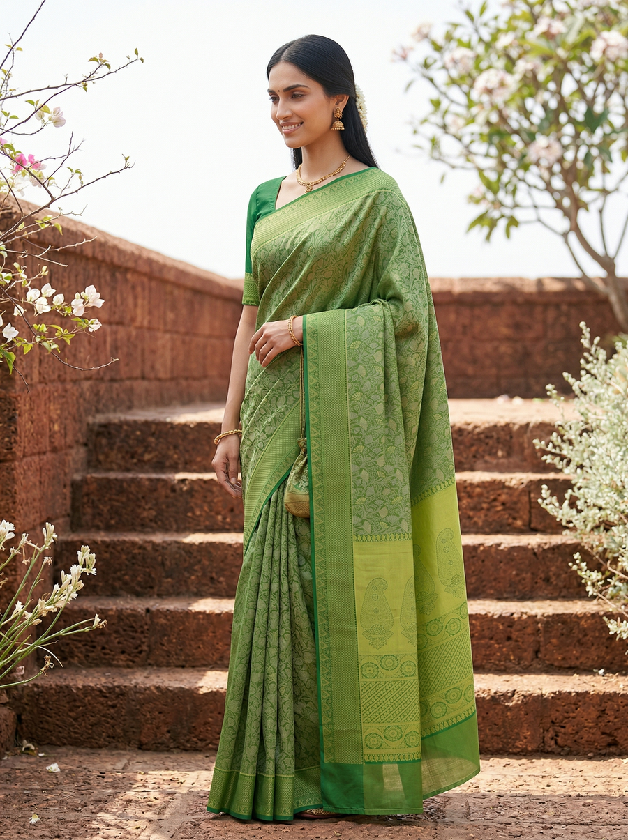 Olive Green Mysore Inspired Semi Silk Saree with Wide Wide Self Border