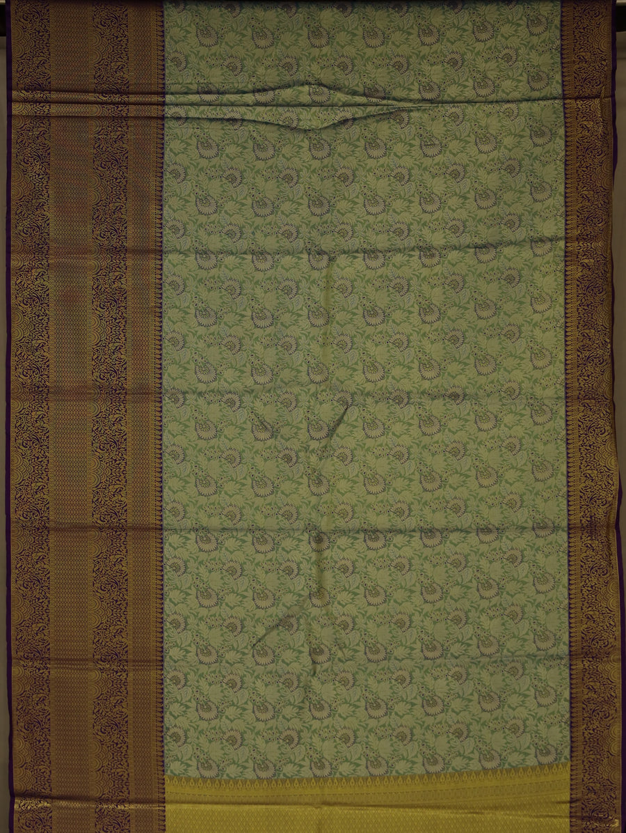 Sunlit Olive Kanchipuram Inspired Semi Silk Saree with Wide Wide Contrast Border
