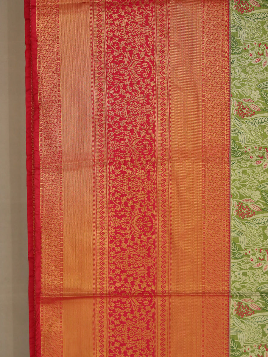 Sage Green Kanchipuram Inspired Semi Silk Saree with Wide Wide Contrast Border