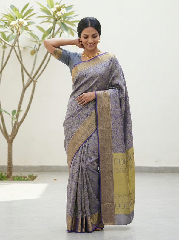 Lilac Frost Kanchipuram Inspired Semi Silk Saree with Wide Wide Contrast Border