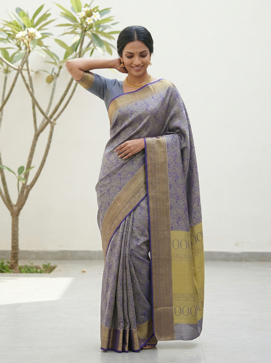 Lilac Frost Kanchipuram Inspired Semi Silk Saree with Wide Wide Contrast Border