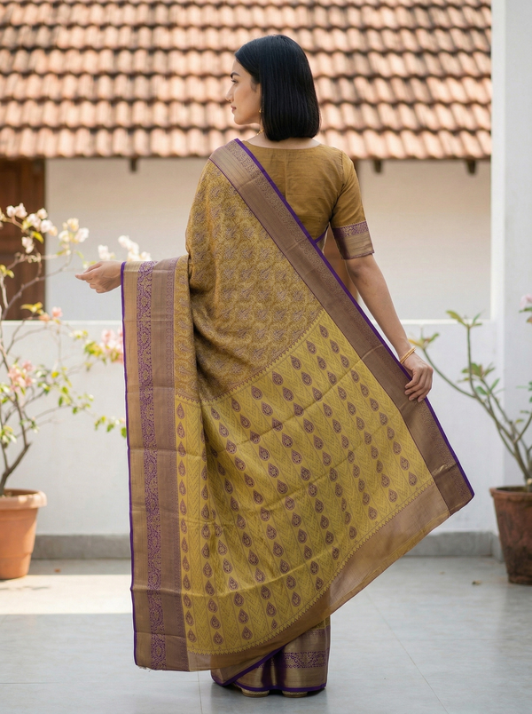 Mustard Gold Dharmavaram Inspired Semi Silk Saree with Wide Wide Contrast Border