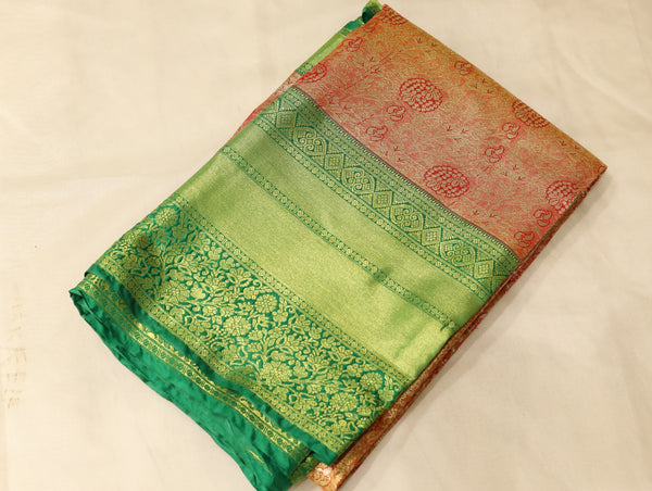 Pistachio Green Kanchipuram Inspired Semi Silk Saree with Wide Wide Contrast Border