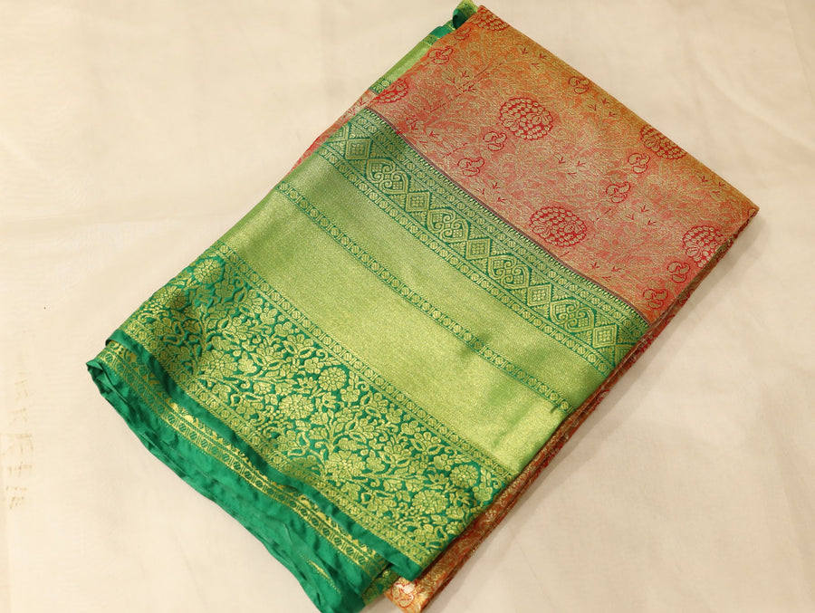 Pistachio Green Kanchipuram Inspired Semi Silk Saree with Wide Wide Contrast Border