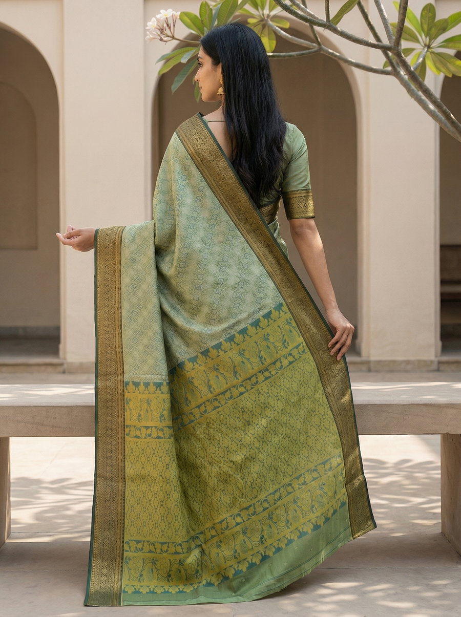 Mint Green Dharmavaram Inspired Semi Silk Saree with Medium Medium Contrast Border