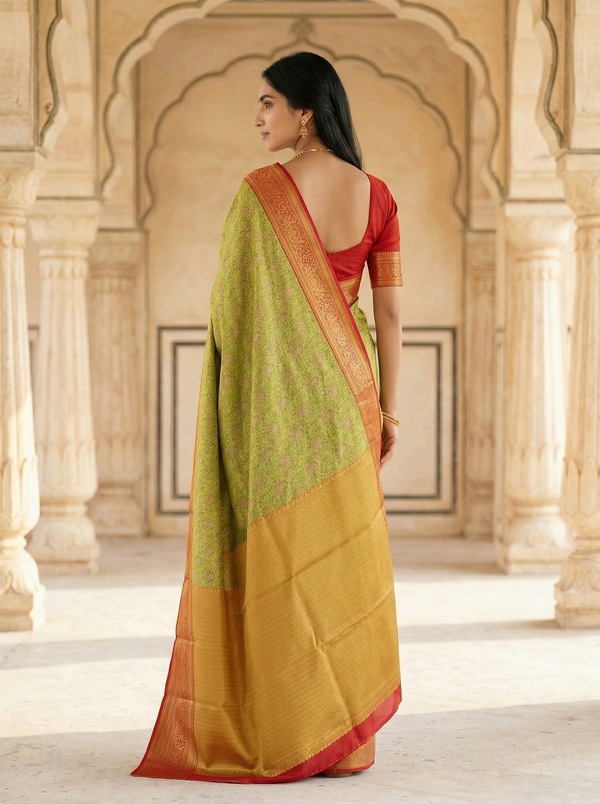 Sage Green Kanchipuram Inspired Semi Silk Saree with Wide Wide Contrast Border