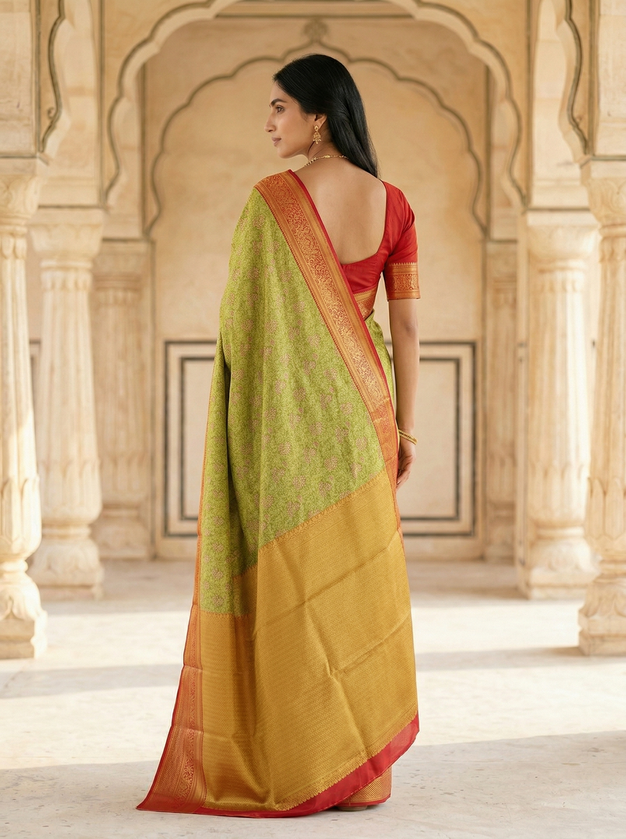 Sage Green Kanchipuram Inspired Semi Silk Saree with Wide Wide Contrast Border