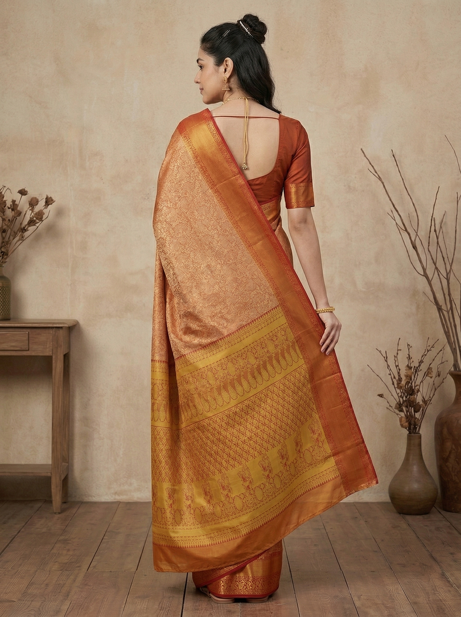 Saffron Gold Dharmavaram Inspired Semi Silk Saree with Wide Wide Contrast Border