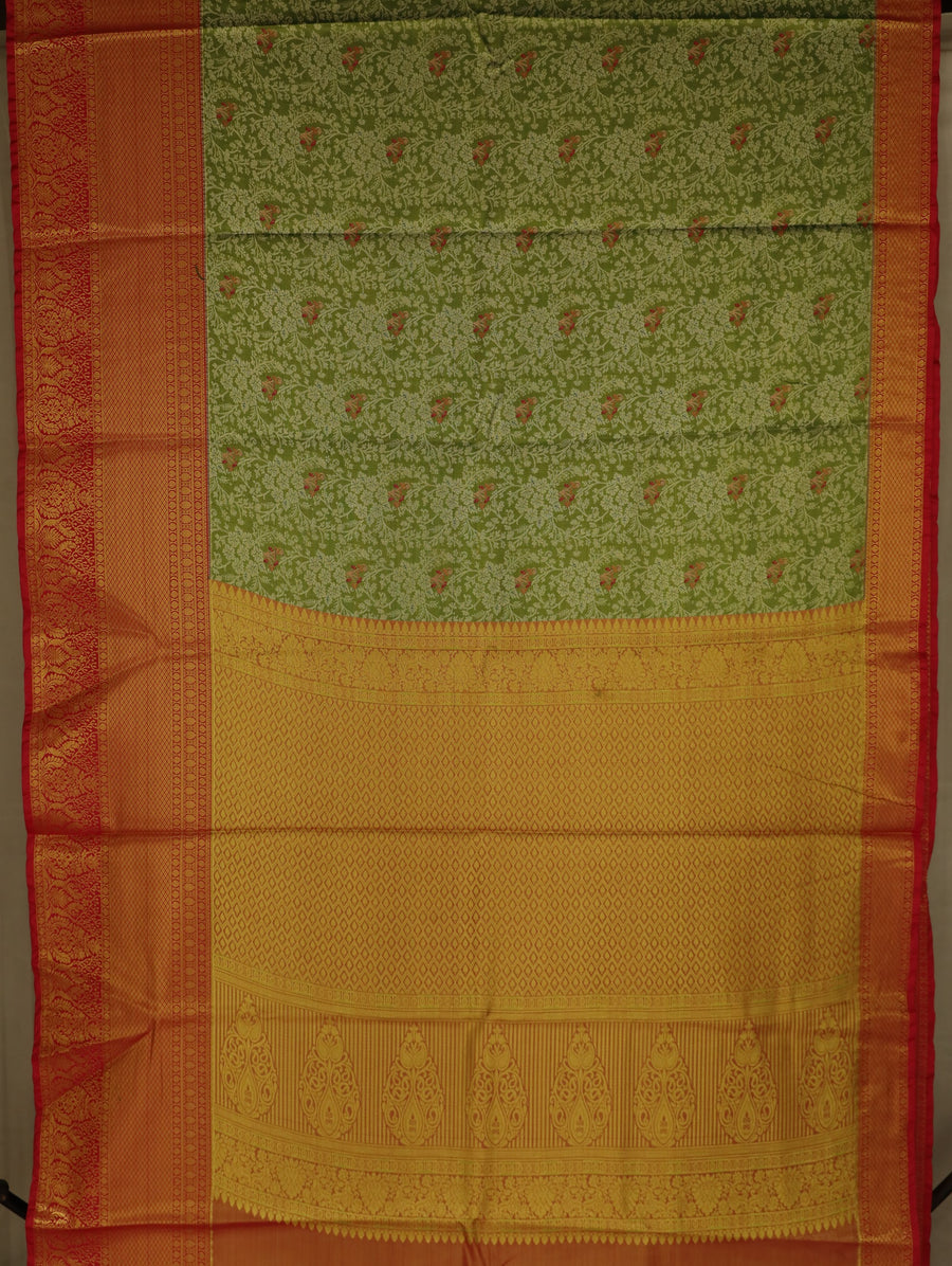 Sage Green Kanchipuram Inspired Semi Silk Saree with Wide Wide Contrast Border
