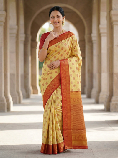 Sunshine Yellow Kanchipuram Inspired Semi Silk Saree with Wide Wide Contrast Border