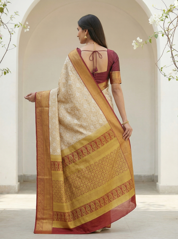 Ivory Gold Dharmavaram Inspired Semi Silk Saree with Wide Wide Contrast Border