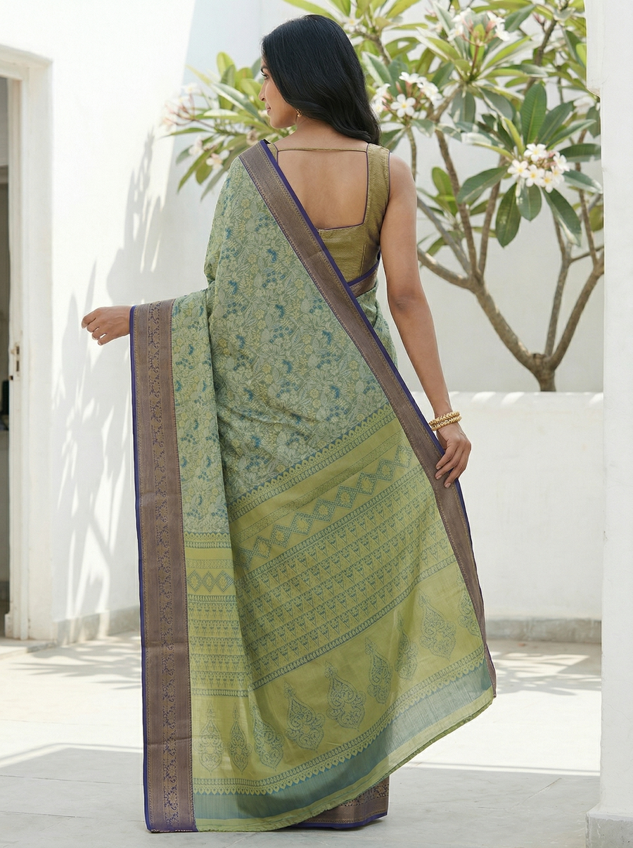 Moss Green Uppada Inspired Semi Silk Saree with Medium Medium Contrast Border