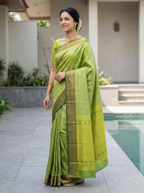 Chartreuse Green Kanchipuram Inspired Semi Silk Saree with Medium Medium Contrast Border