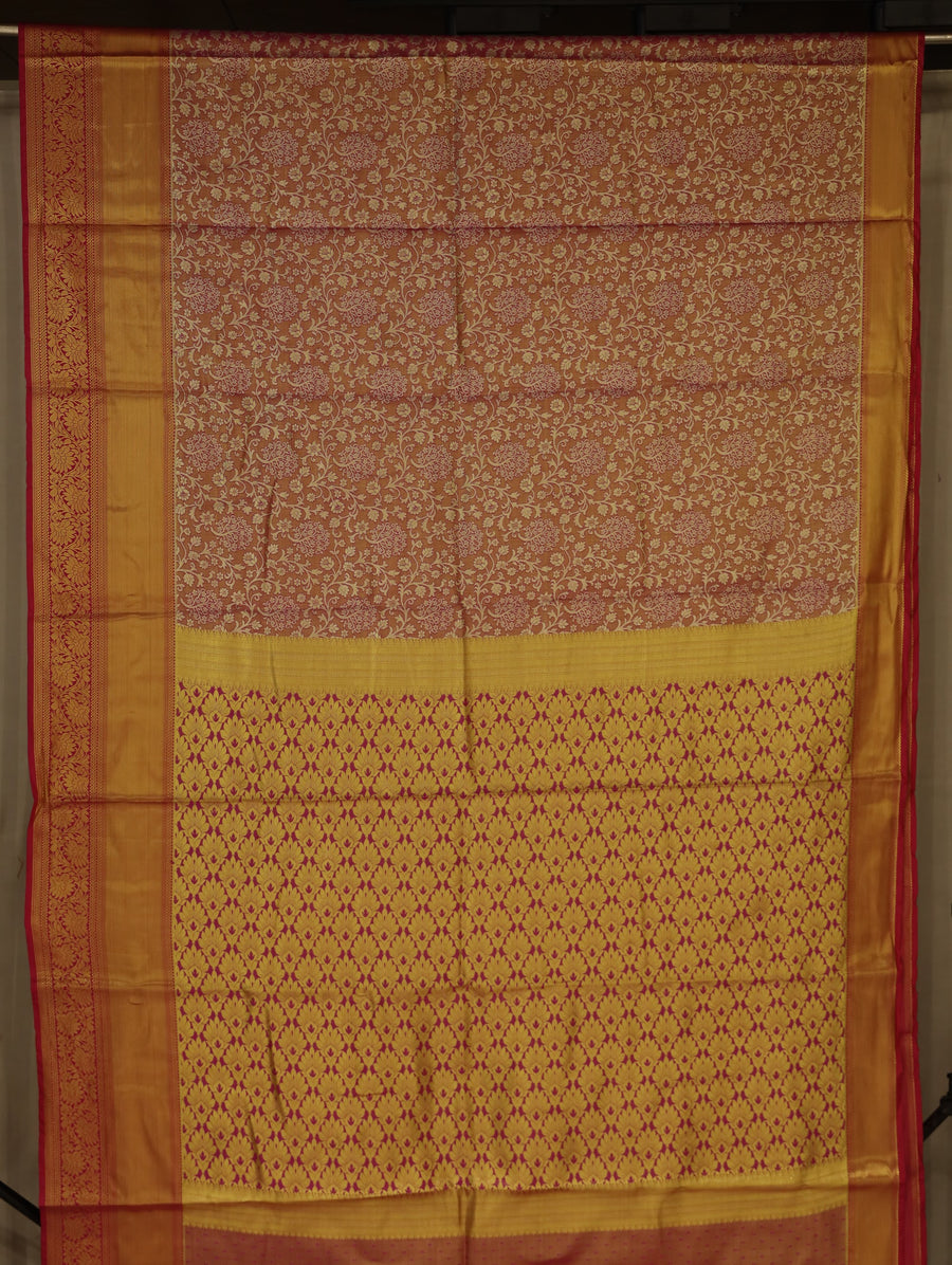Saffron Gold Dharmavaram Inspired Semi Silk Saree with Wide Wide Contrast Border