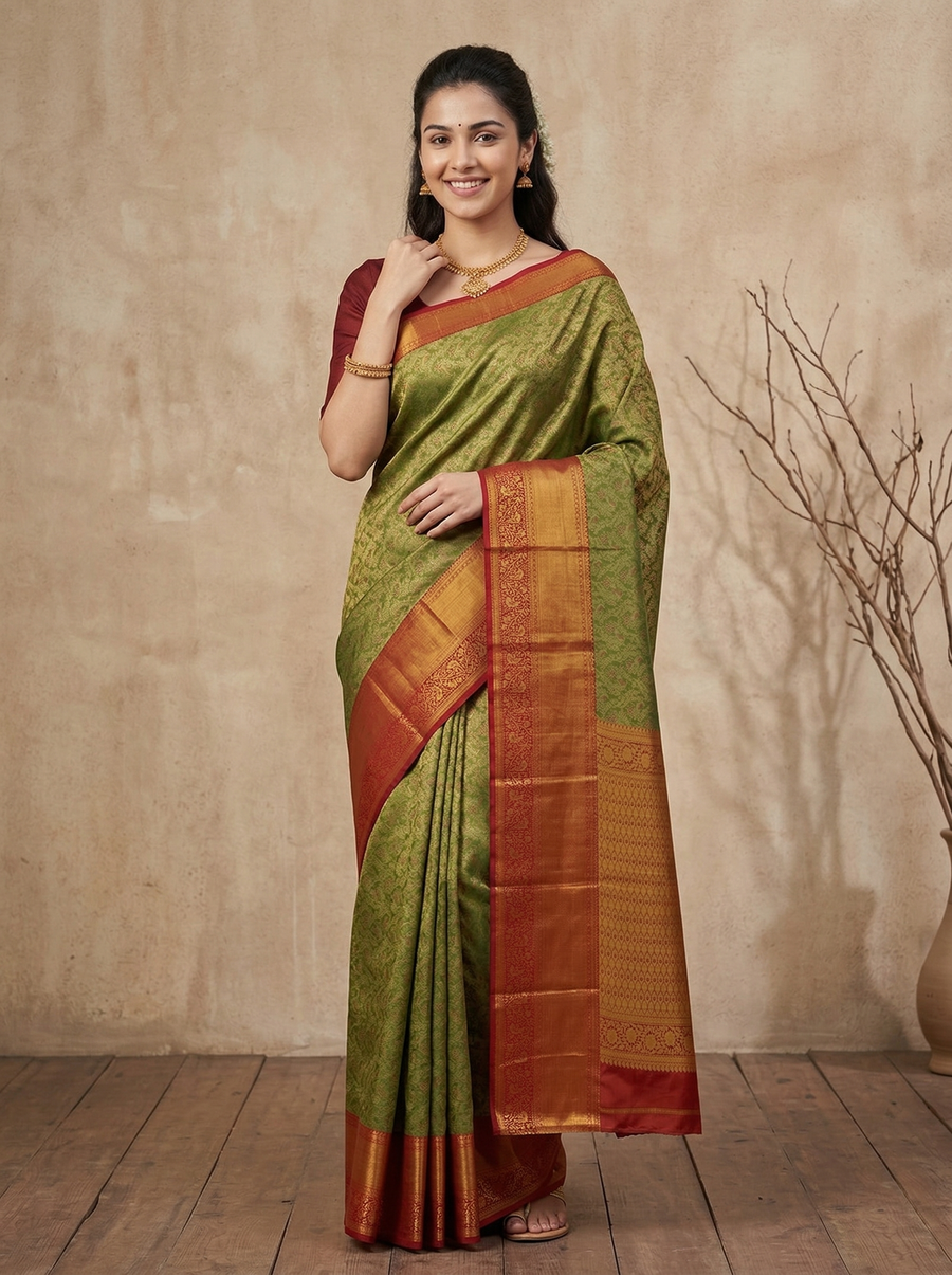 Sage Green Kanchipuram Inspired Semi Silk Saree with Wide Wide Contrast Border