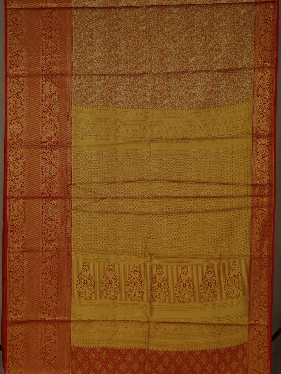 Champagne Gold Kanchipuram Inspired Semi Silk Saree with Wide Wide Contrast Border