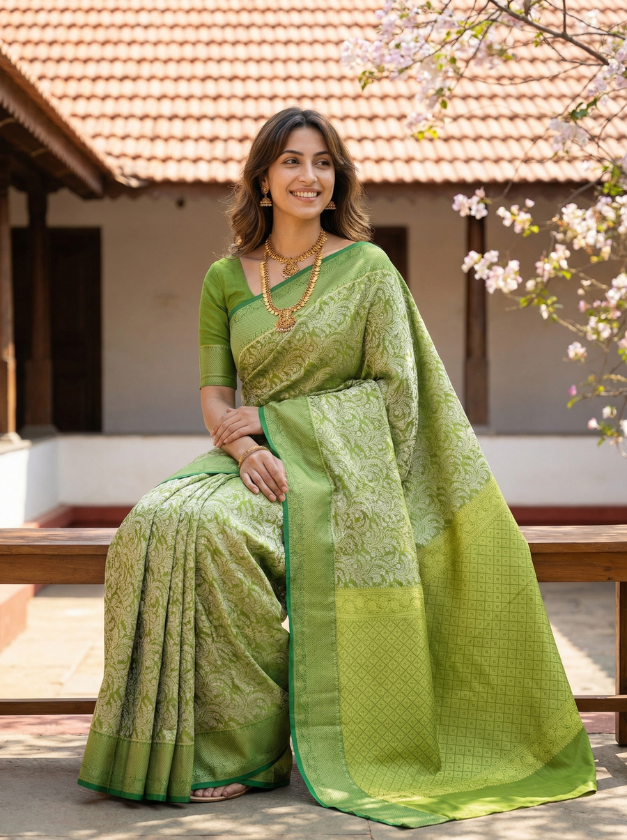 Olive Green Kanchipuram Inspired Semi Silk Saree with Wide Wide Self Border