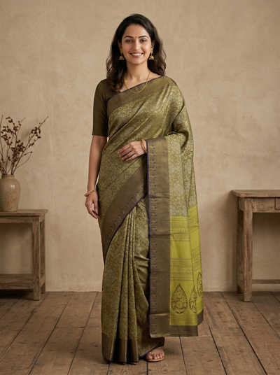 Mustard Yellow Dharmavaram Inspired Semi Silk Saree with Wide Wide Contrast Border