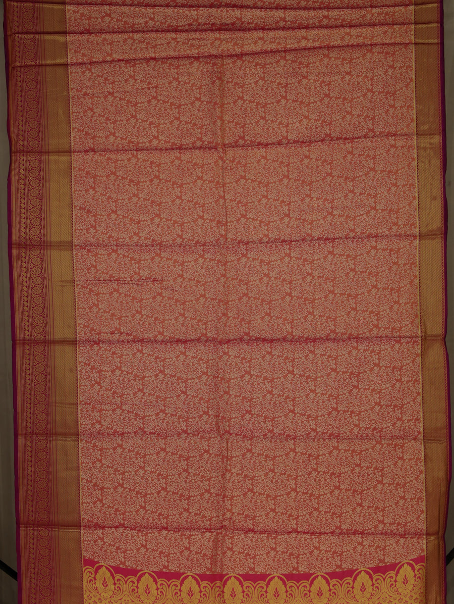 Coral Peach Kanchipuram Inspired Semi Silk Saree with Wide Wide Contrast Border