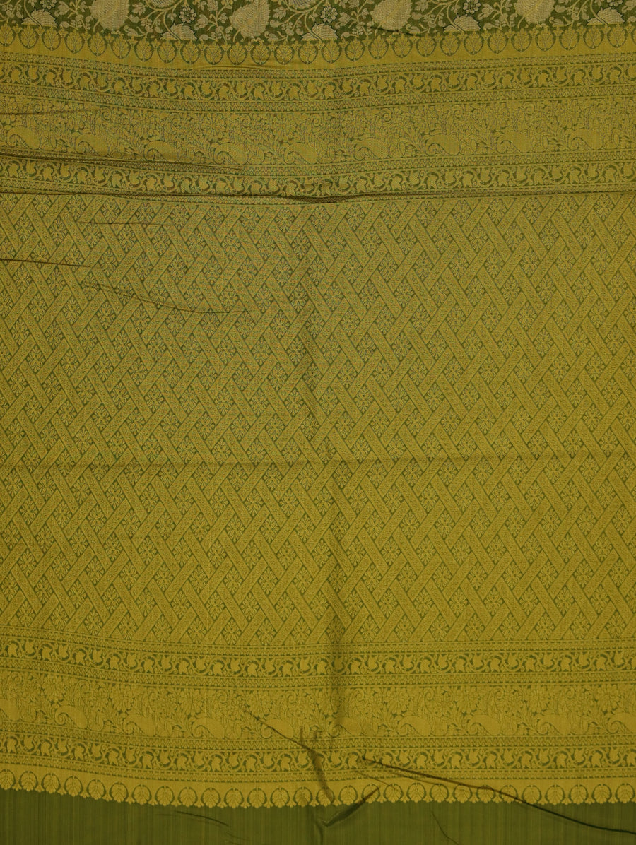 Olive Green Kanchipuram Inspired Semi Silk Saree with Medium Medium Contrast Border